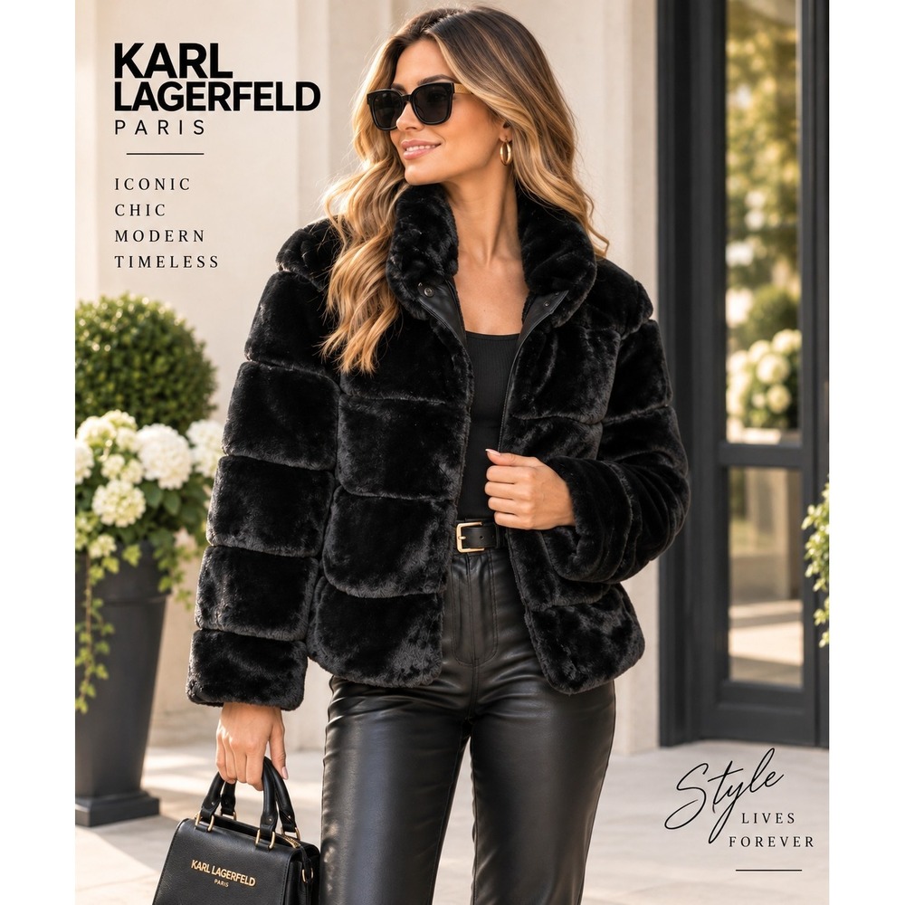 Karl Lagerfeld Women's Faux Fur Luxury Jacket Old Money Mob Wife S/P Black NWOT